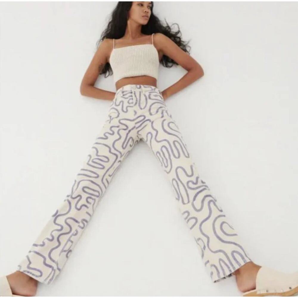 Zara Squiggle Swirl Print Straight Leg High Rise Jeans Pants Women's Size 0 NWT